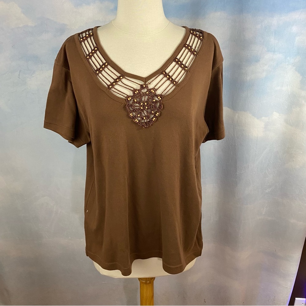 SHANA K Brown Short Sleeve Top with Beaded Neckline Size XL